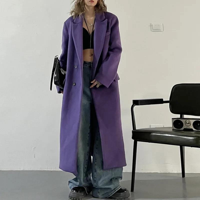 HKSH خريف شتاء جديد امرأة طويلة السترة محززة طوق مزدوجة الصدر الكتف مكتب سيدة أنيقة Ins معطف الصوف HK14937