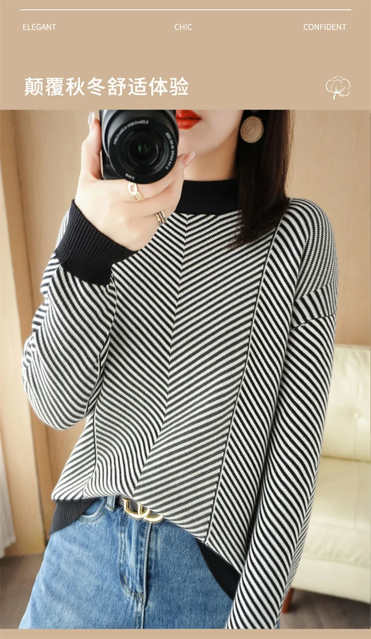 Women's autumn and winter 100% pure cotton knitted semi high neck pullover casual striped warm sweater fashionable hot selling