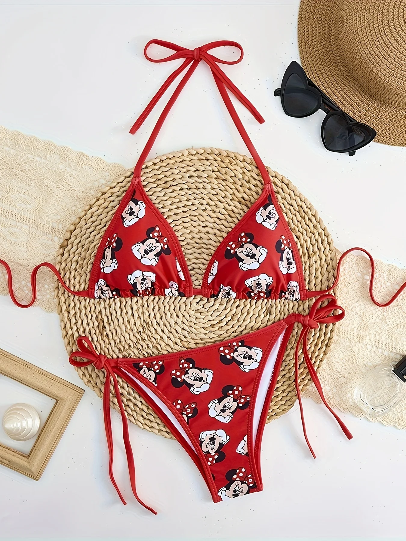 

Minnie Mouse Print Halter Bikini Set for Women 2 Piece Triangle Top Tie Side Bottom Swimsuit Cartoon Bathing Suit Beachwe
