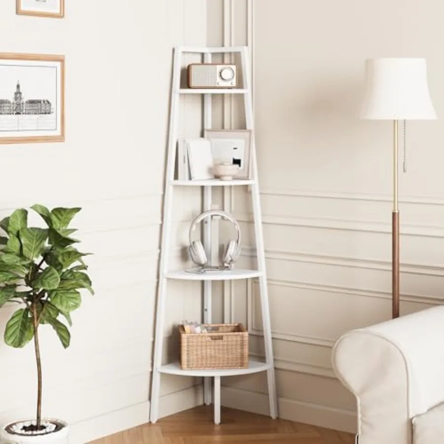 

Corner Shelf, Corner Bookshelf with Metal Frame and Wood Ladder Shelves - Display Shelf and Tall Bookcase, Plant Stand for Home