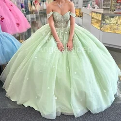 Angelsbride Mint Green Ball Gown Quinceanera Dresses With Beading Off Shoulder Vestidos De 15 Años Quinceañeras