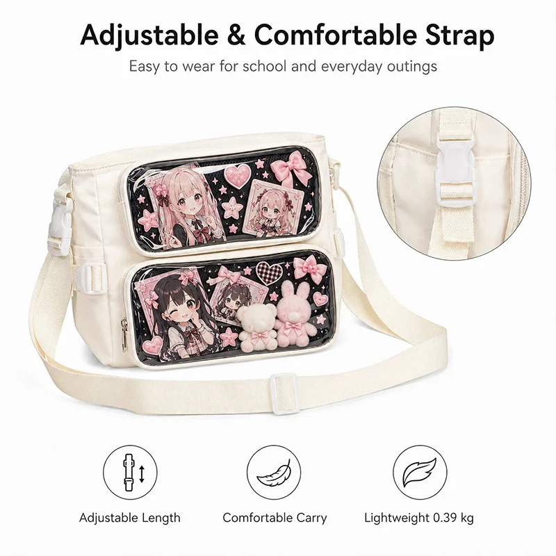 Transparente Ita-Umhängetasche mit Sichtfenster, mehreren Taschen und verstellbarem Riemen, niedliche Messenger-Tasche – Detail 3