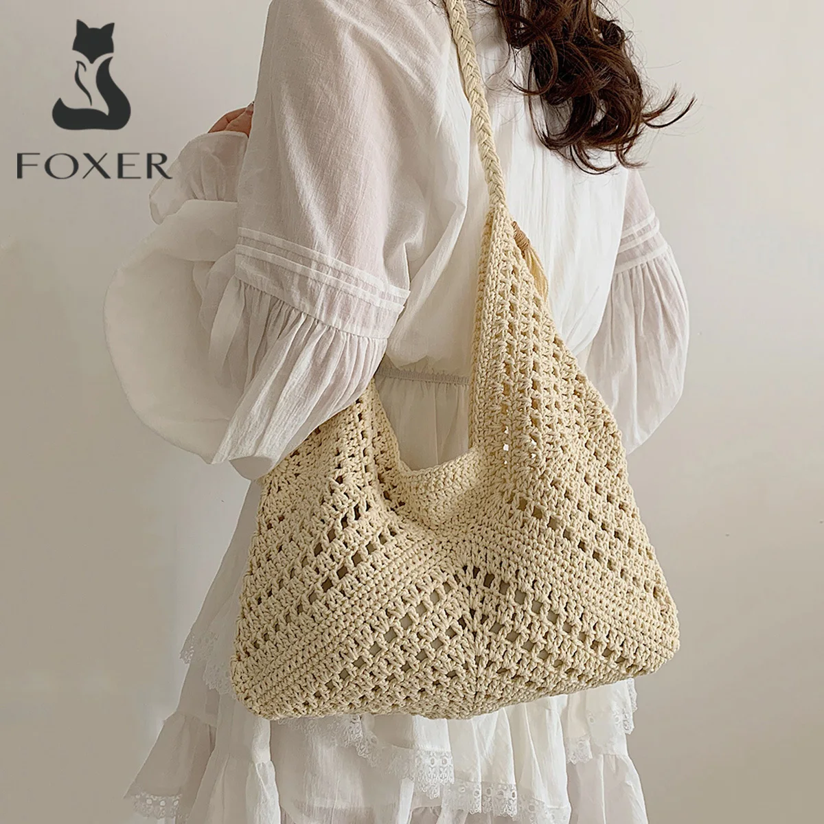 

FOXER Beach Woven Tote Bag for Women 2025 New Fashion Summer Bag Girl's Travel Shoulder Bag Vacation Crossbody Purse