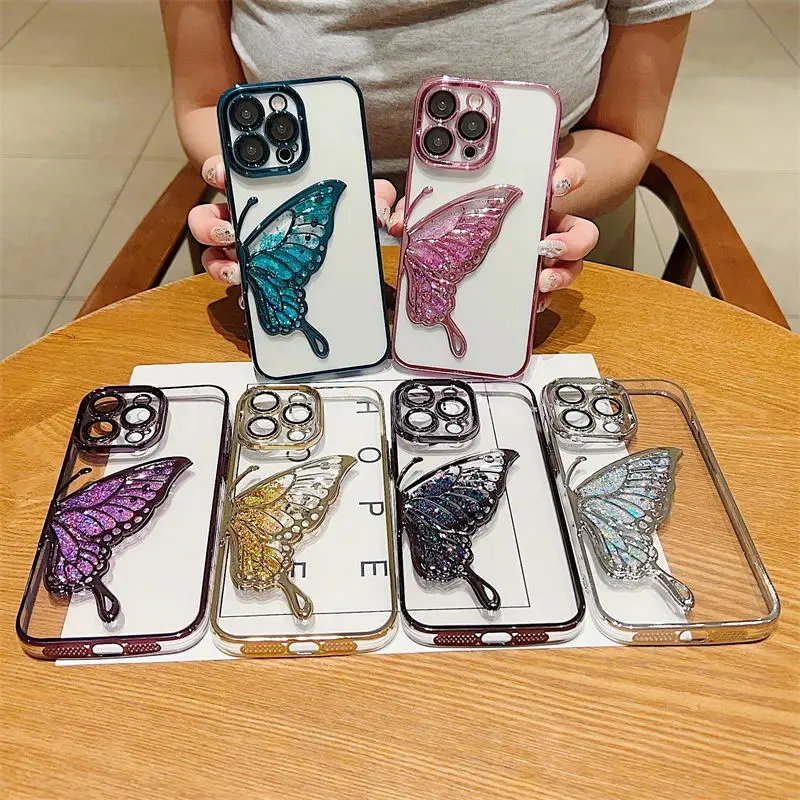 Funda de silicona suave a prueba de golpes para iPhone, carcasa de lujo con purpurina transparente, arena movediza y mariposa para iPhone 16 Pro Max 15 14 13 12 11