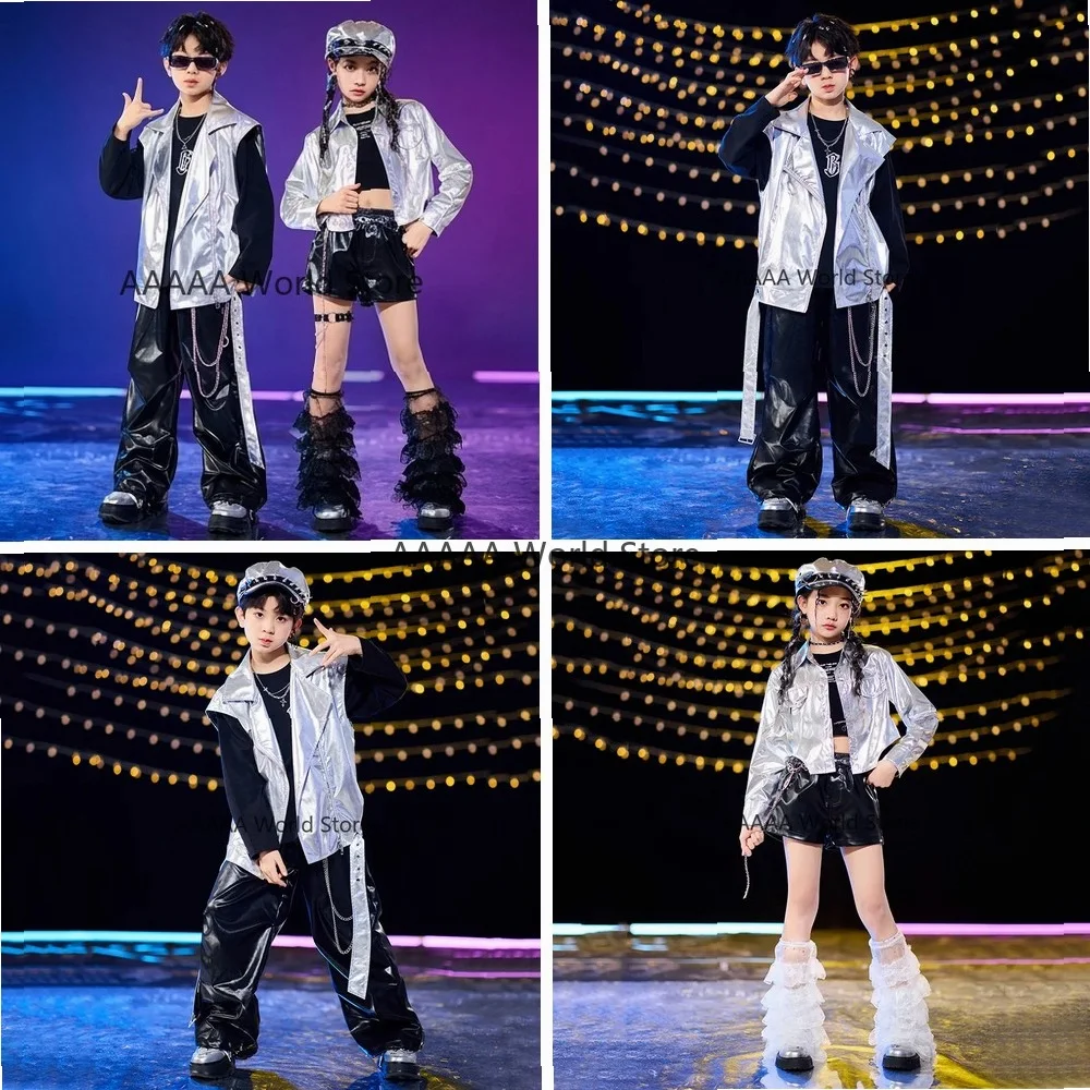 

Cosplay Motorcycle Vest and Cargo Pants Set Hip Hop Dance Costume for Kids Boy Girl Silver Black PU Metallic Clothing