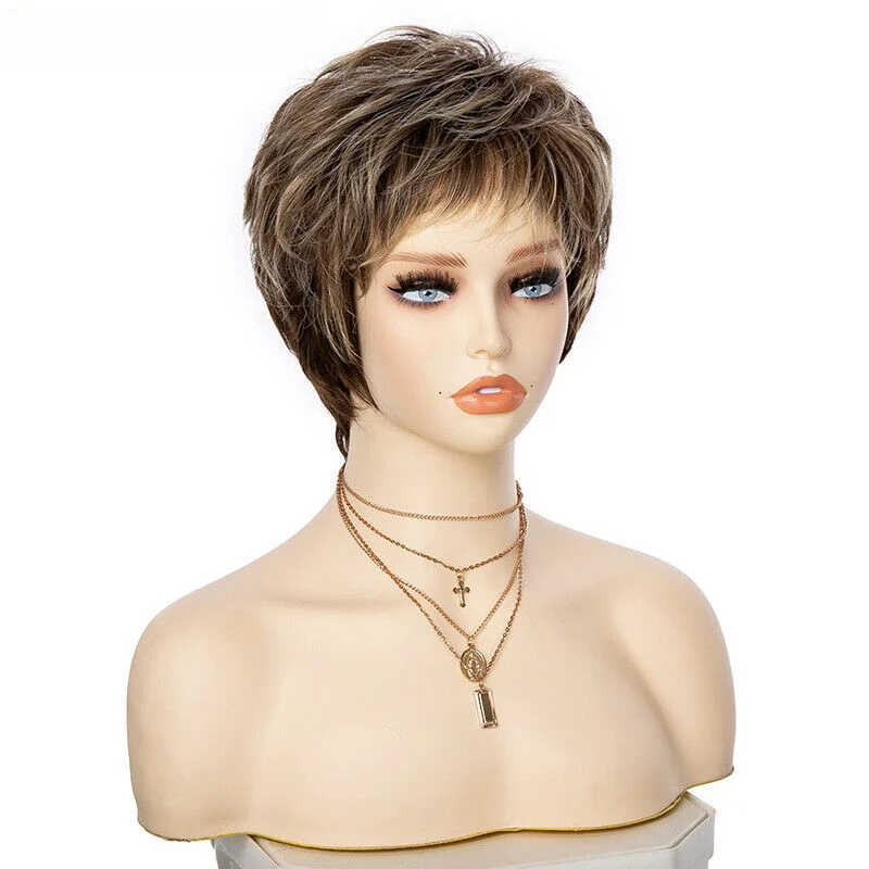 Synthetic high temperature silk short natural brown female wig