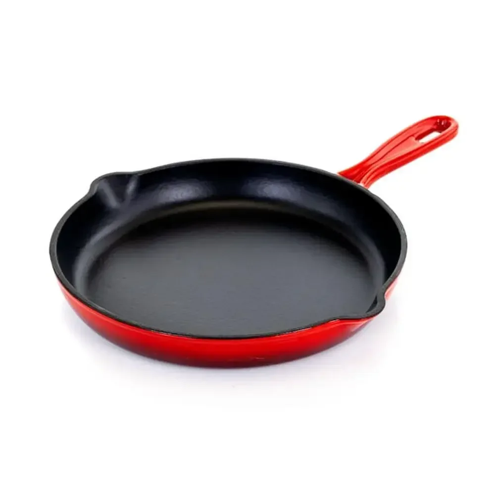 

Enameled Cast Iron Skillet Red Non-Stick Round Pan with Handle Ideal Searing Sauteing and Baking Oven Dishwasher Safe Induction