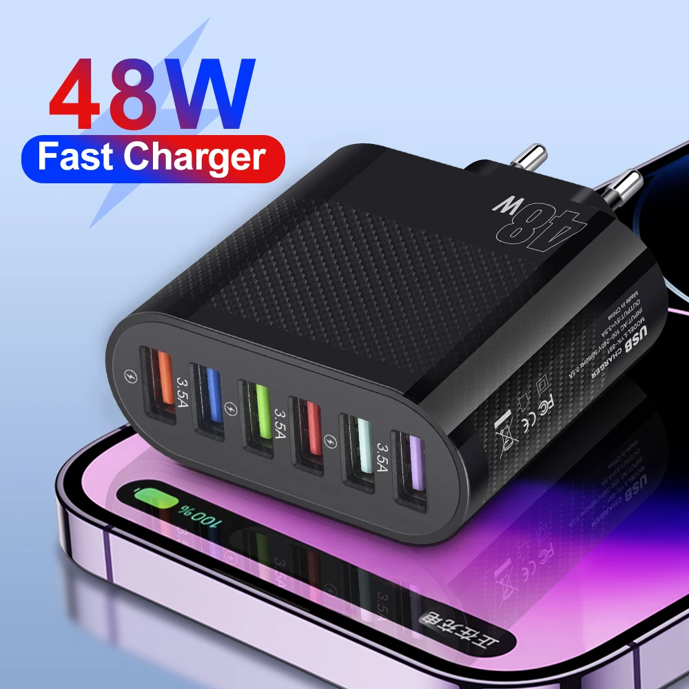 

6 In 1 USB Charger Fast Charge Charger Fast Charging 6 Ports Wall Charger For Samsung Xiaomi iPhone Mobile Phone Charger Adapter