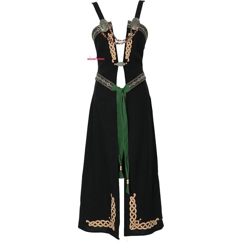 miccostumes 女性のバイキングエプロンレトロドレス中世衣装リネンブレンドオーバードレスブローチベルト付き