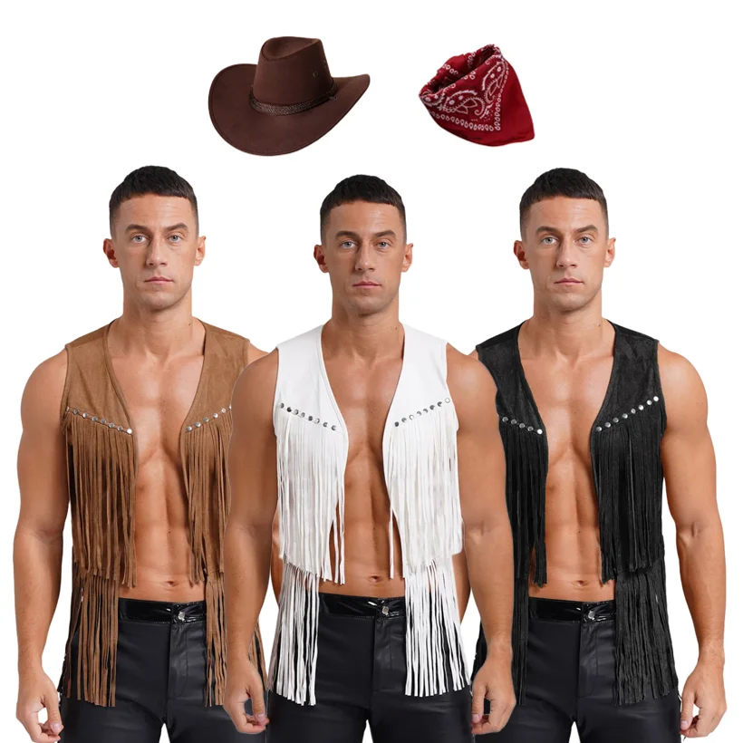 

Halloween Western Cowboy Cosplay Costume Set Men Theme Party Faux Suede Tassel Rivets Steampunk Vest Waistcoat with Hat Bandanna