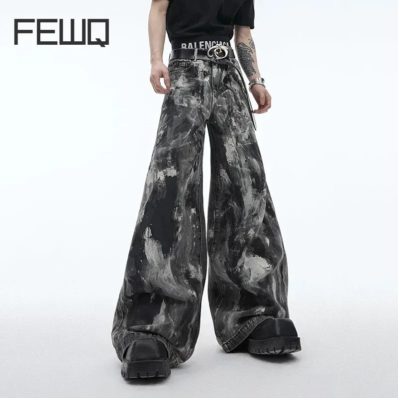 IEFB Streetwear Men\'s Denim Pants Distressed Loose Fitting Jeans Spray Dyed Waxed Design Personalized Clothing Vintage 24Y154