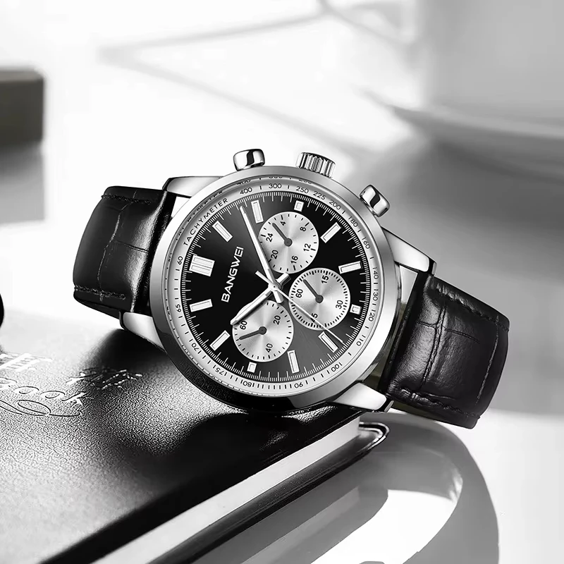 BANGWEI Simple Quartz Man Watch Brand Fashion Luxury Leather Strap Wristwatch Waterproof Chronograph Classic Relogio Masculino