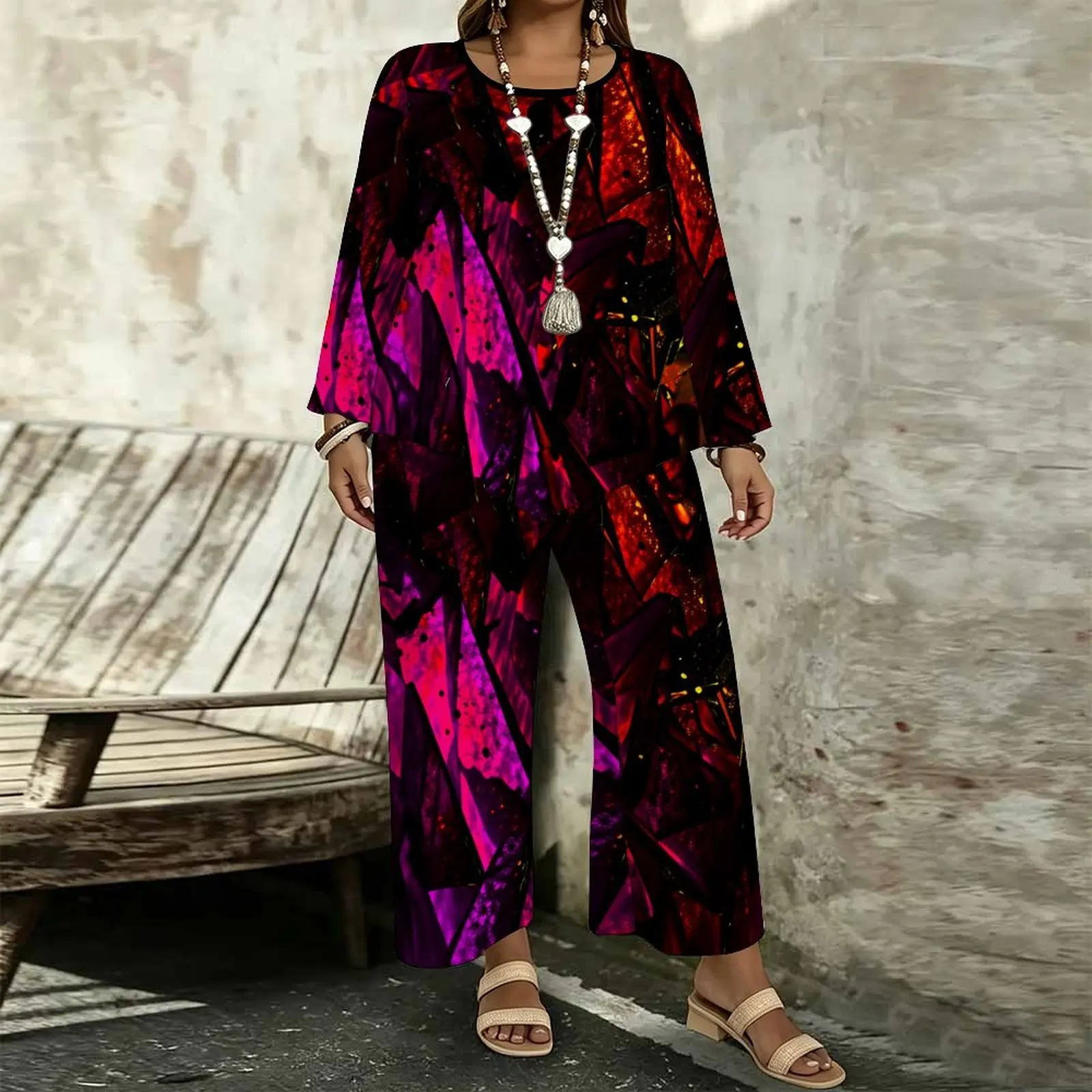 Plus Size Women Casual Print Two Piece Set Round Neck Everyday Commuting Clothes Beach Vacation Sweatpants