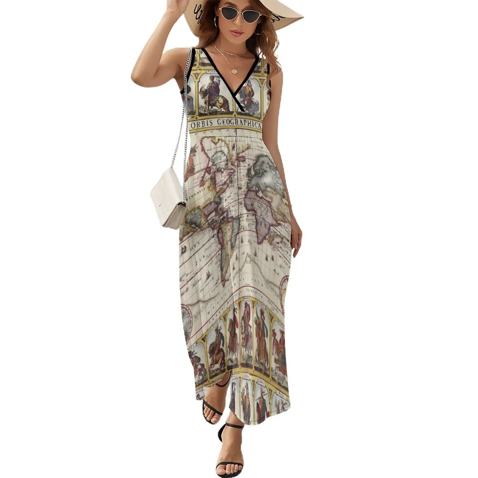 1652 Map of The World Dress Ladies World Map Cute Maxi Dress V Neck High Waist Aesthetic Printed Boho Beach Long Dresses