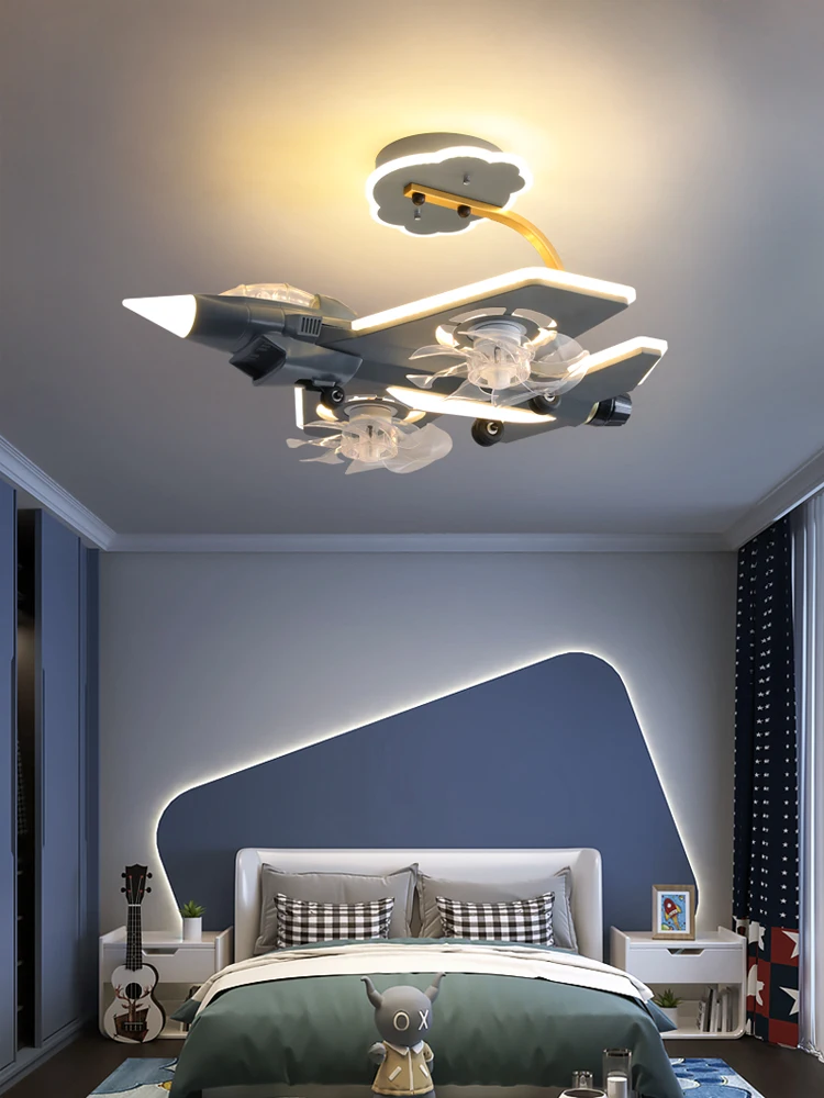 Children's Room Aircraft Fan Lamp Creative Personality J-10 Combat Helicopter Model Boy Bedroom Ceiling Fan All-in-One Light