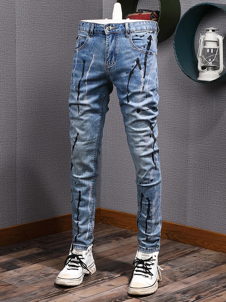 2025New Year's Ink Splash Print Jeans Men Street Graffiti Design Casual Retro Stretch Pants