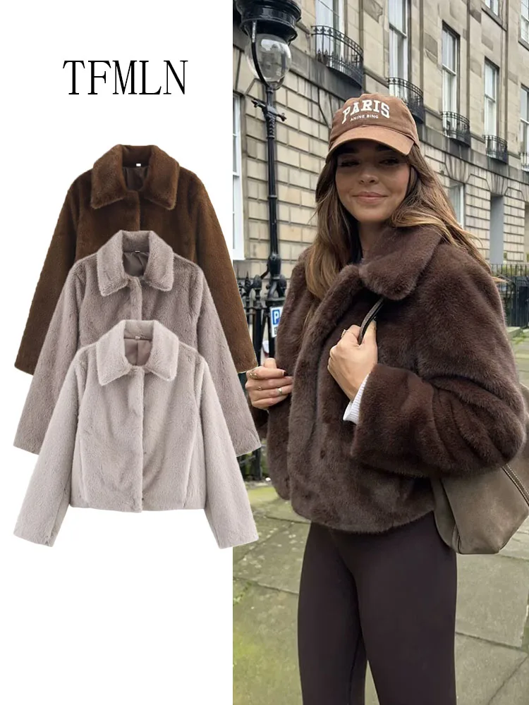 

Vintage Solid Loose Faux Fur Jackets For Women 2025 Winter Chic Warm Full Sleeve Street Cauasl Coats Simple Lapel Retro Outwear