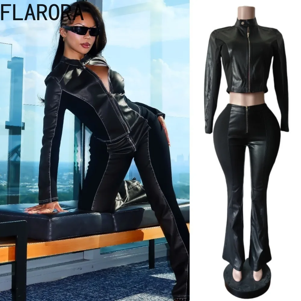 

FLARORA Fashion PU Hipster 2 Piece Set Woman Patchwork Long Sleeve Zip Crop Jackets And Flare Pants Moto Style Street Tracksuits
