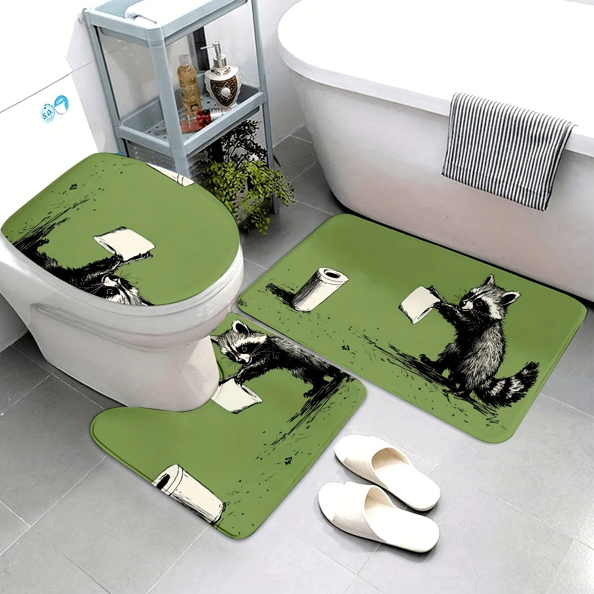 

Raccoon Bathroom Mat Set - 3pcs Flannel Non-Slip, Machine Washable Floor Mats with Unique Raccoon Design, Perfect for Home Decor