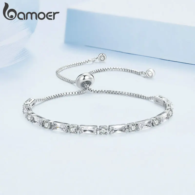 Bamoer Luxury Square Zircon Adjustable Bracelet Sparkling Zirconia Chain Link for Men Women Birthday Gift Crystal Fine Jewelry