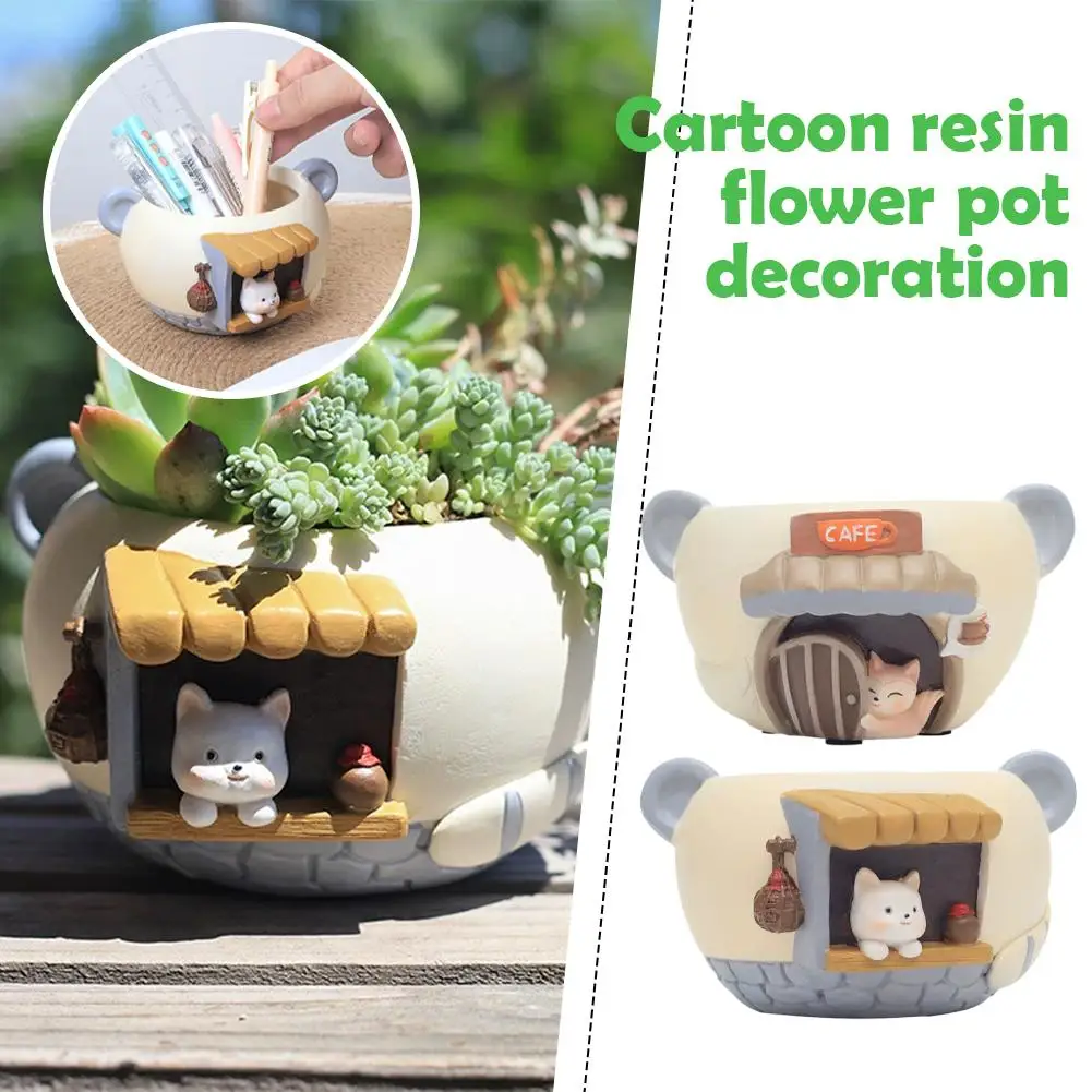 Cute Kitty Fox Small Plant Pot Resin Succulent Planter for Home Office Desk Mini Ornament Fairy