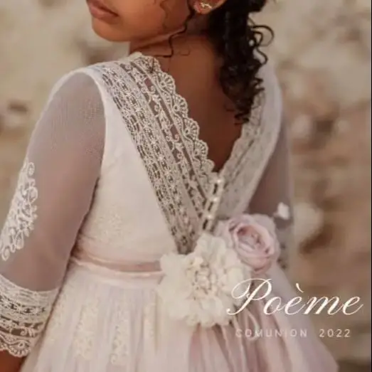 FATAPAESE Flower Girl Dress Communion Kid Gown Empire Cut Sheer Embroidery V-Back Wedding Party French Sleeves and Double Skirt