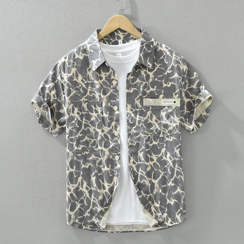 

Streetwear Short Sleeve Printed Shirts Male Trend New Summer Clothes for Men Tops Pure Cotton Casual Shirts Pocket Button Shirt