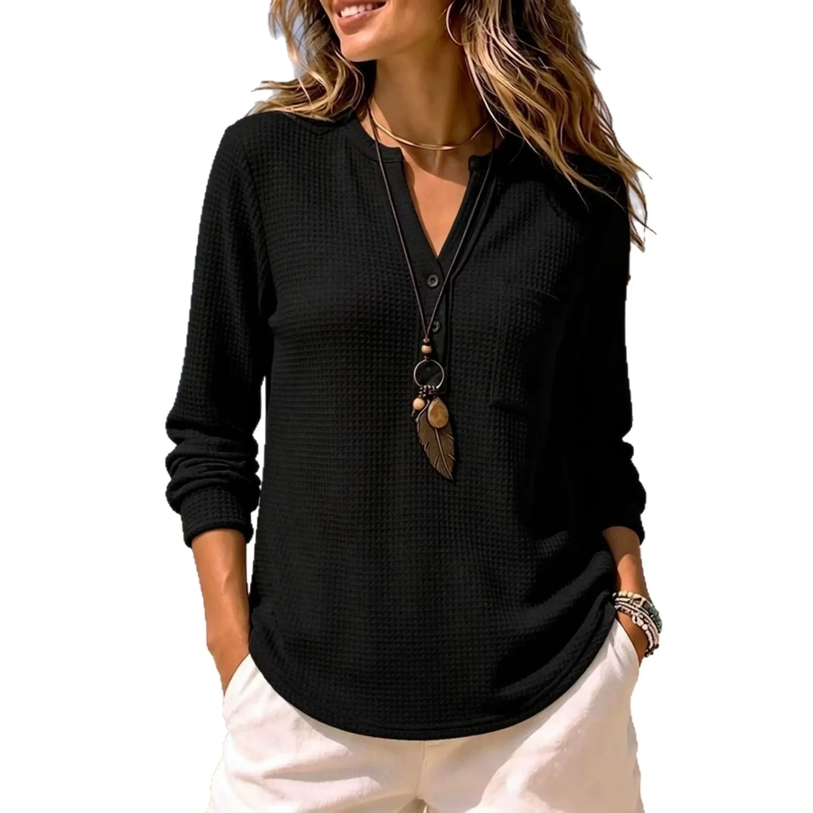 Casual Pocket Top Loose Fit with Striped Long Sleeve V Neck Button Front for Women Daily Party Beach Autumn Travel Dance