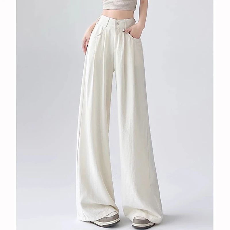 2025 klassische Frauen Eis Seide Hosen Dame Feste Hohe Baggy Taille Casual Hosen Mädchen Koreanische Mode Dünne Breite Bein Hosen
