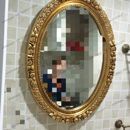 European oval bathroom mirror carved decoration dressing bathroom hanging mirror