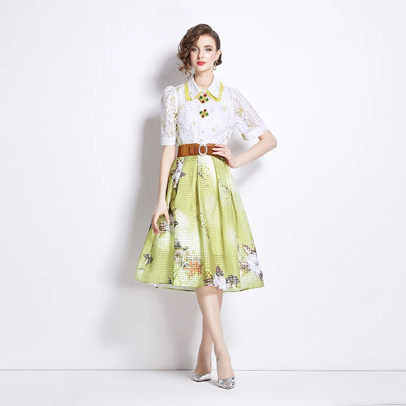 Runway 2 Pieces Set Women's Lapel Crystal Buttons Embroidery Lace Shirts + Printed Belt Pleated Midi Skirt Elegant OL Suit 8012