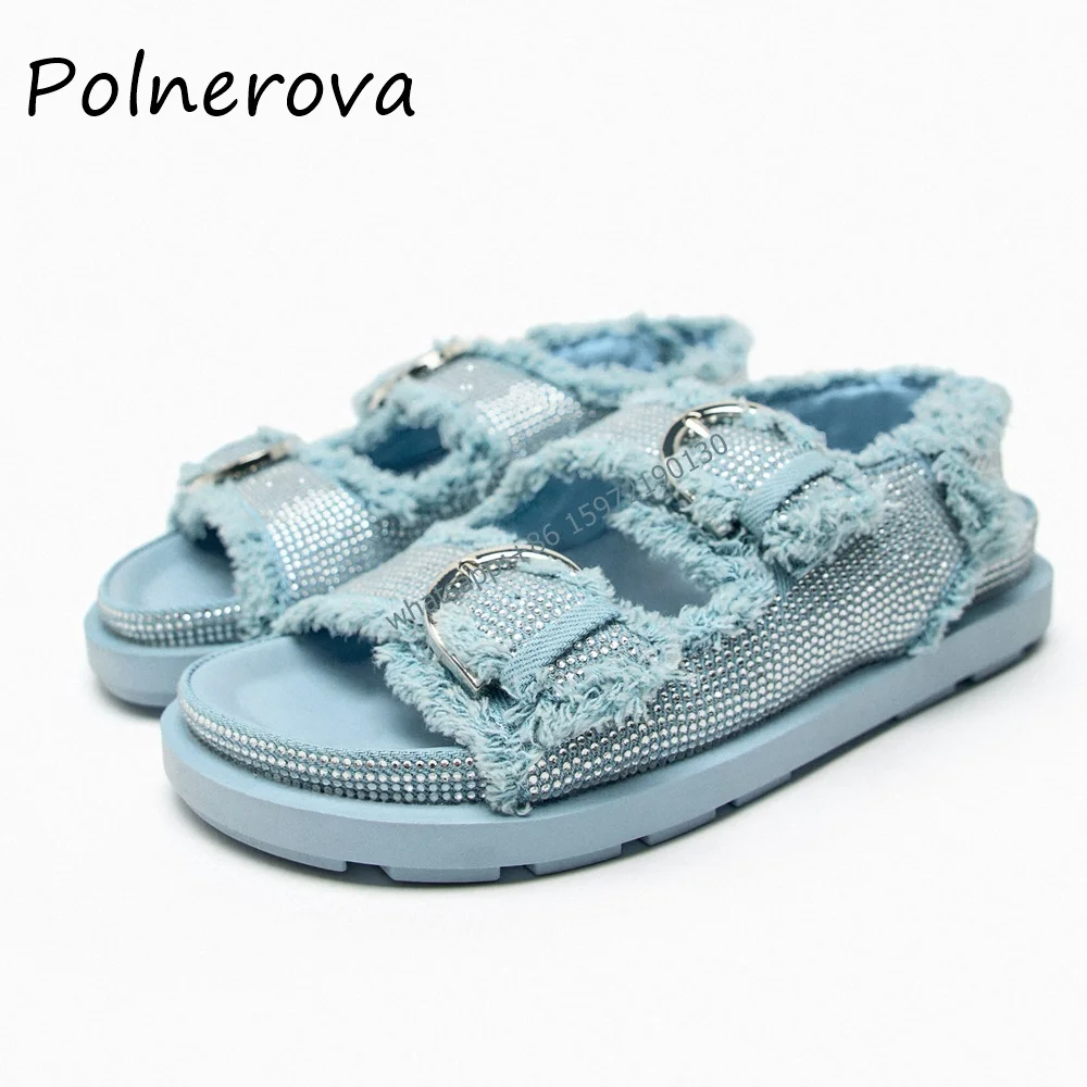 Bling Make Old Roman Sandals Round Toe Flat with Buckle Strap Thick Soled Shoes Solid Crystal Cool Girl Versatile Concise Shoes