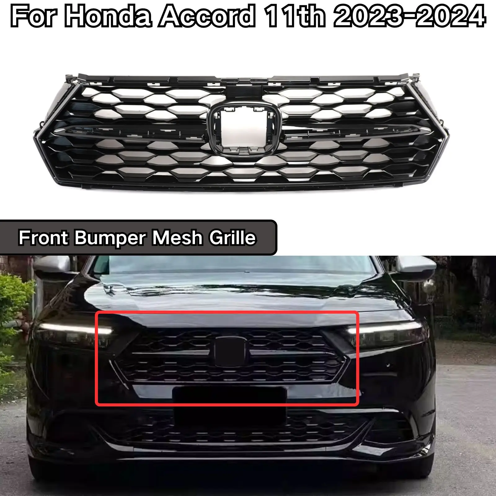 

For Honda Accord 11th 2023-2024 Front Upper Bumper Hood Mesh Grille Honeycomb Racing GrillCars Accessories Glossy Black