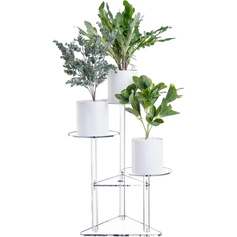 Soporte de acrílico para plantas de esquina, estante transparente de 3 niveles para plantas de interior, estante de exhibición de plantas y flores, soporte para macetas