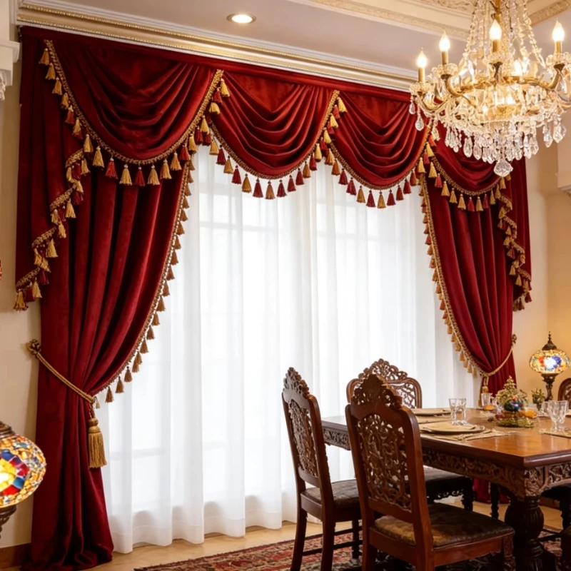 Custom Size French Light Luxury Retro Velvet Elegant Curtains and Romantic Palace Water Wave Head Living Room and Bedroom Decor