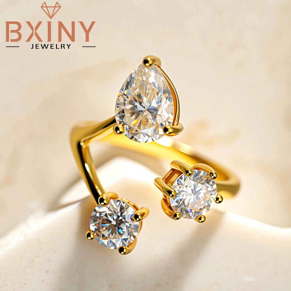 BXINY All Moissanite Wrap Open Ring 925 Sterling Silver for Women Certified Pear/Round Diamond Promise Wedding Band Fine Jewelry