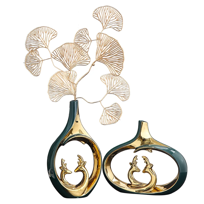 Dual Hollow Vase Table Decor Ornament Metallic Deer Silhouette Ginkgo Leaf Matching Indoor Display Craft Glossy Two Tone Outer