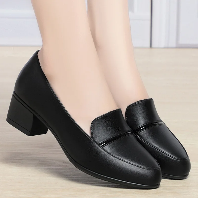 Women's High Heels Fashion Pumps Shoes Woman Genuine Leather Casual Single Shoes Comfortable Thick Heel Mother Shoes