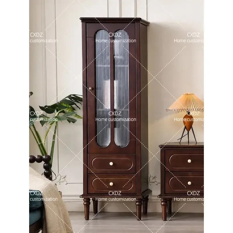 American Solid Wood Wine Cabinet Wall Mounted Living Room TV Sideboard Glass Display Shelf Storage Unit for Small Apartment