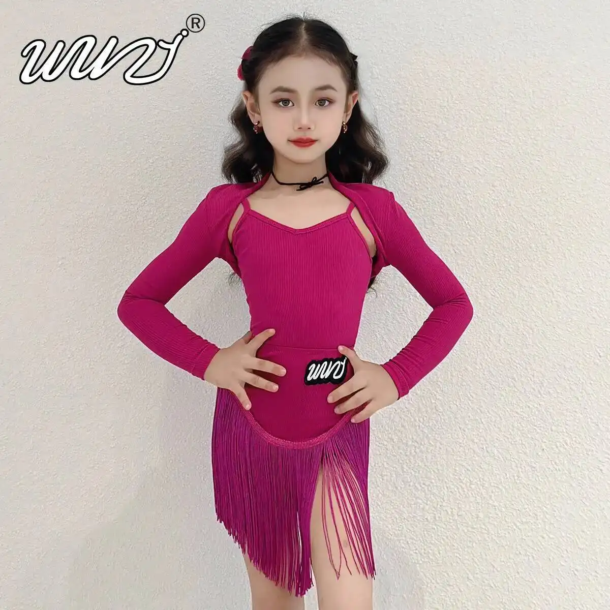 latin american dance dress costume girl kids skirt training competition fringe tassel rumba professional line practise wear suit
