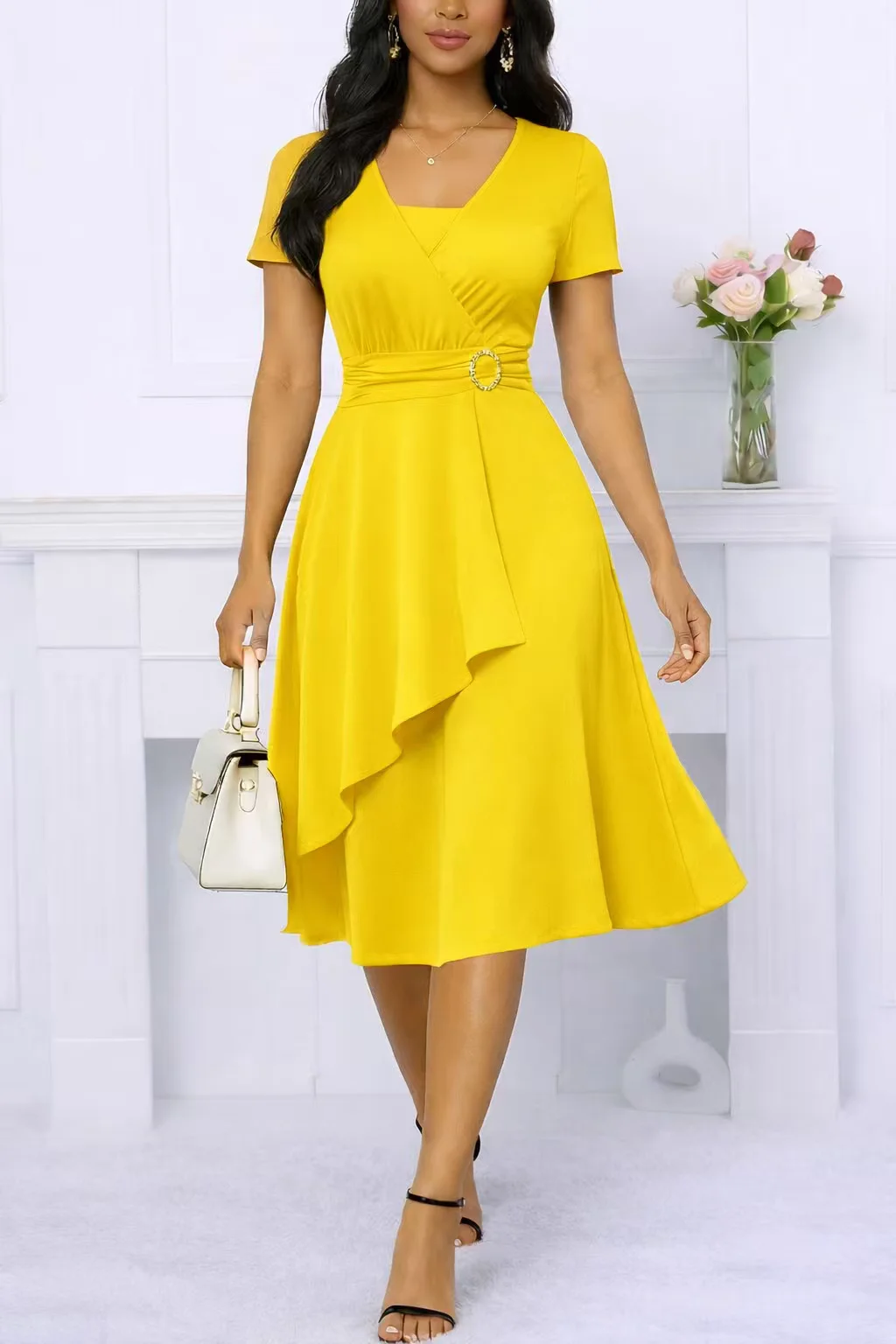 Gaun Midi Wanita Musim Panas L - French Vintage Floral Midi Dress ulasan dan harga