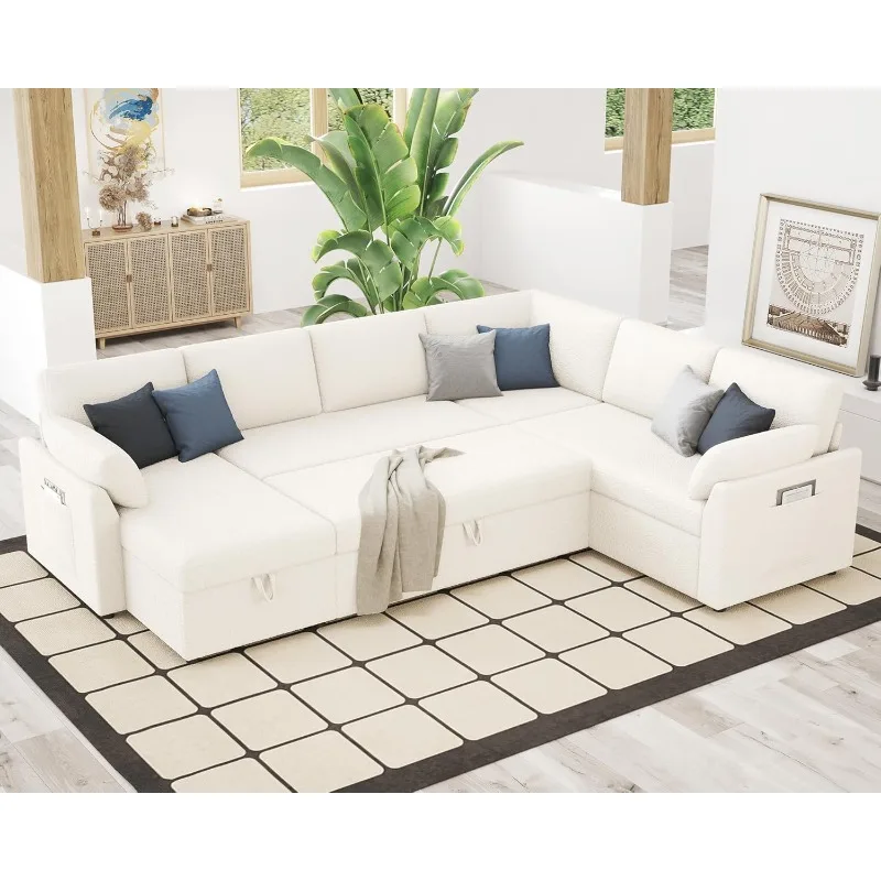 Pull Out Sofa, 112 Inch Oversized U Shape Sleeper Couch with Storage Chaise & 3 Seater, Comfy Couch with Pull Out Bed