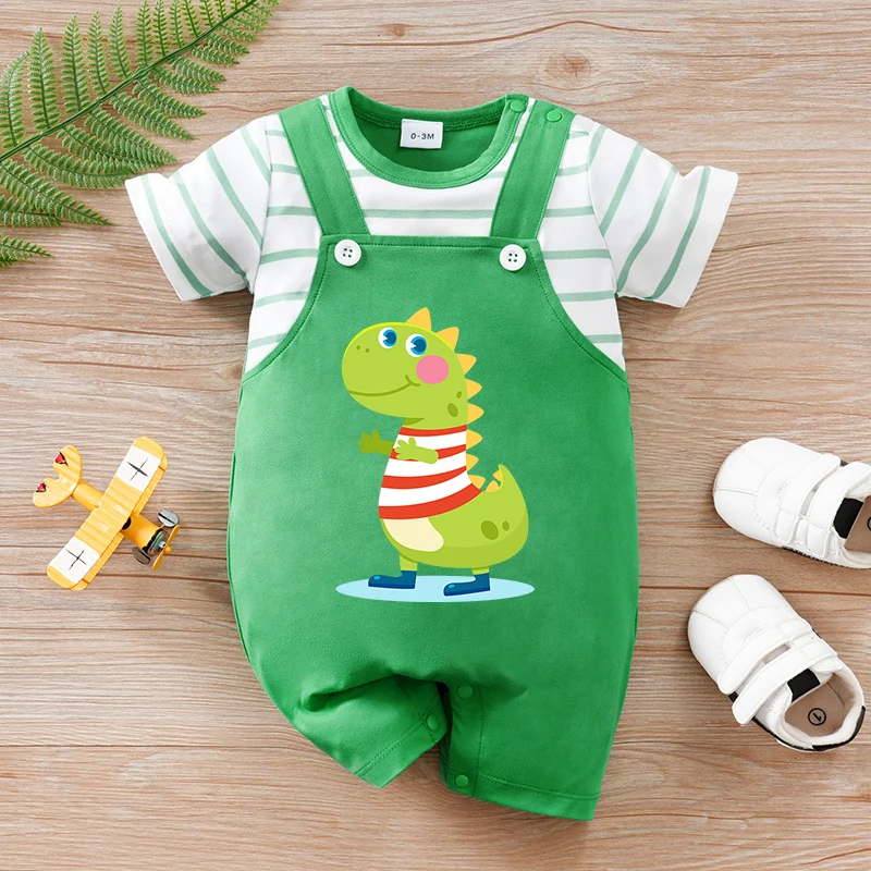 

Newborn baby summer short-sleeved fake two-piece strap green dinosaur soft and comfortable round-neck one-pie Cartoon Onesie