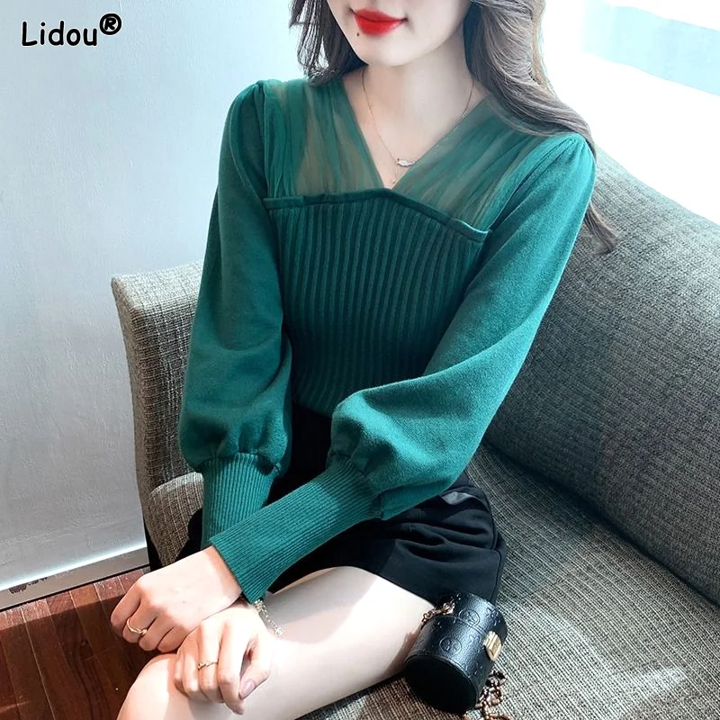 

Lantern Sleeve Slim Nightclub Girl Sexy Fashion Screw Thread Patchwork V-neck Temperament Lace Women's Clothing Spring Summer