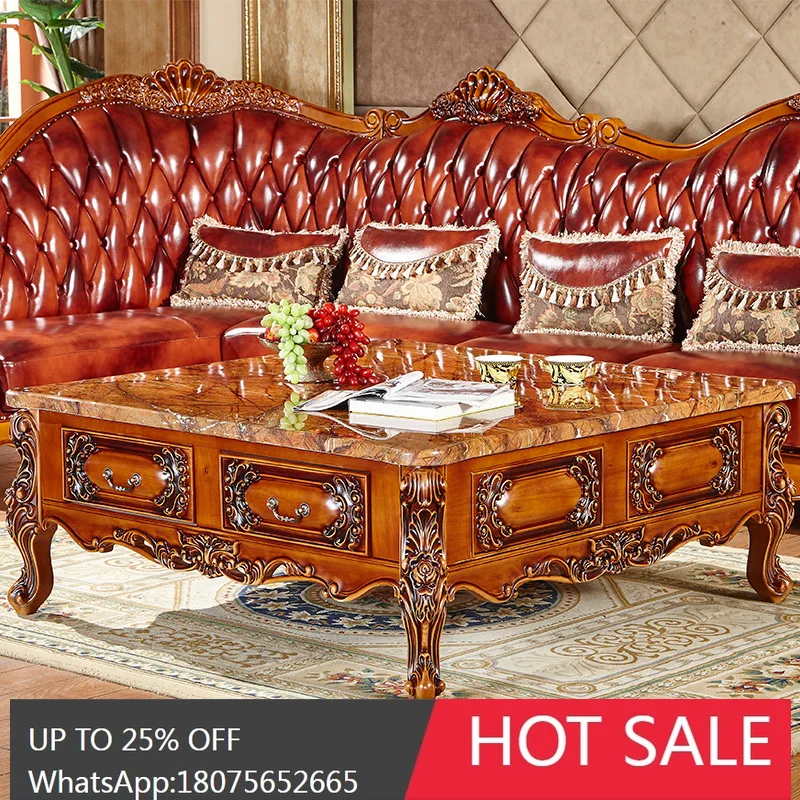 

SGF Furniture European Style Solid Wood Coffee Table with Marble Top and Drawer