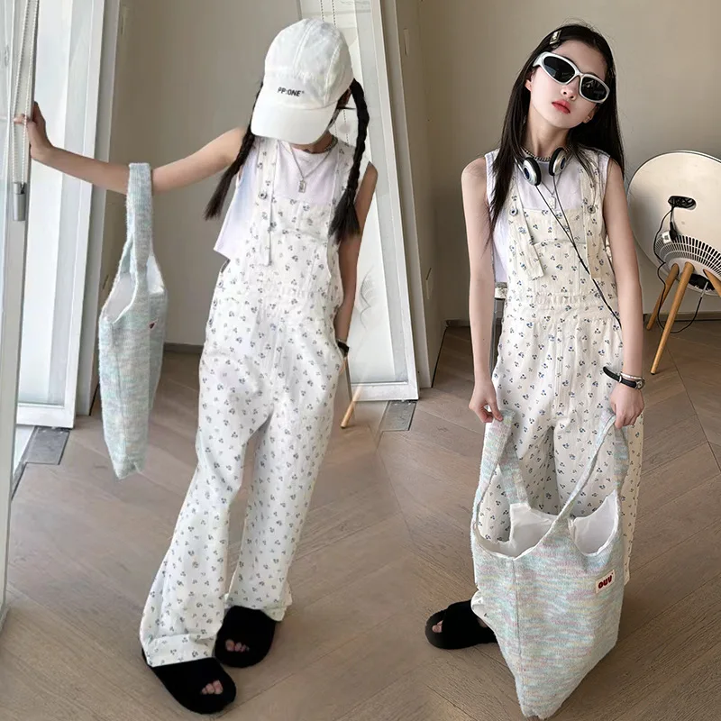 

Girls Trousers Floral Suspenders Spring Summer 2024 New Fashion Women Big Children Loose Wide Leg Straight Leg Suspenders