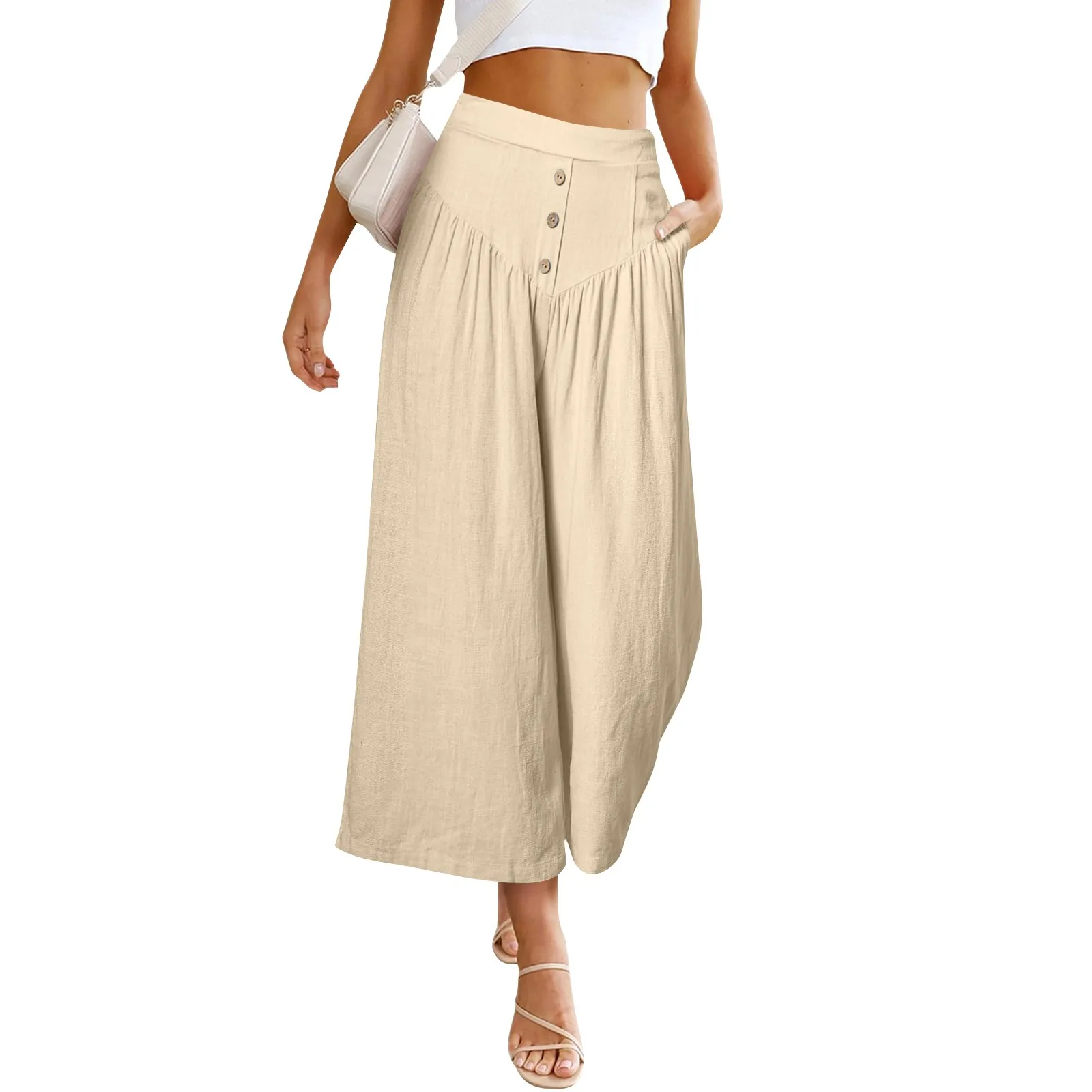 

Female Summer Loose Wide Leg Elastic High Waist Casual And Comfortable Solid Color Fashion Soft Nine-point Pants With Button