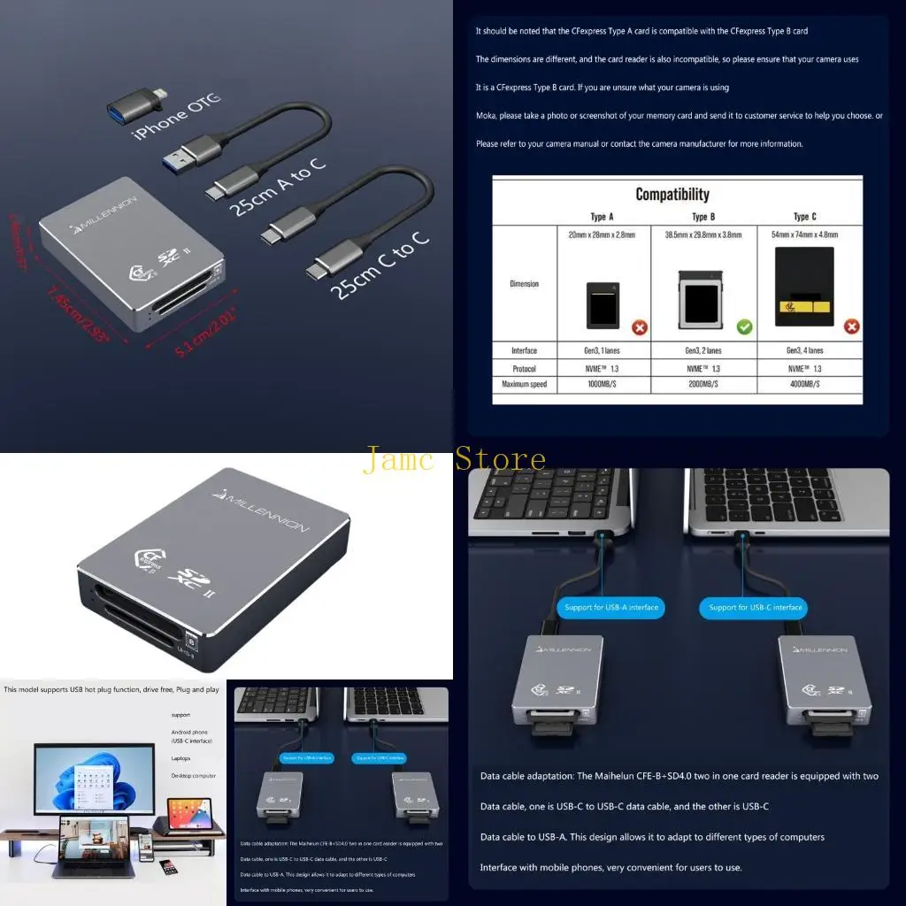 LX0B CFexpress TypeB Card Reader High Speed Type C Card Phone Reader USB3.2 Gen2x1 10Gbps Memory Card Readers