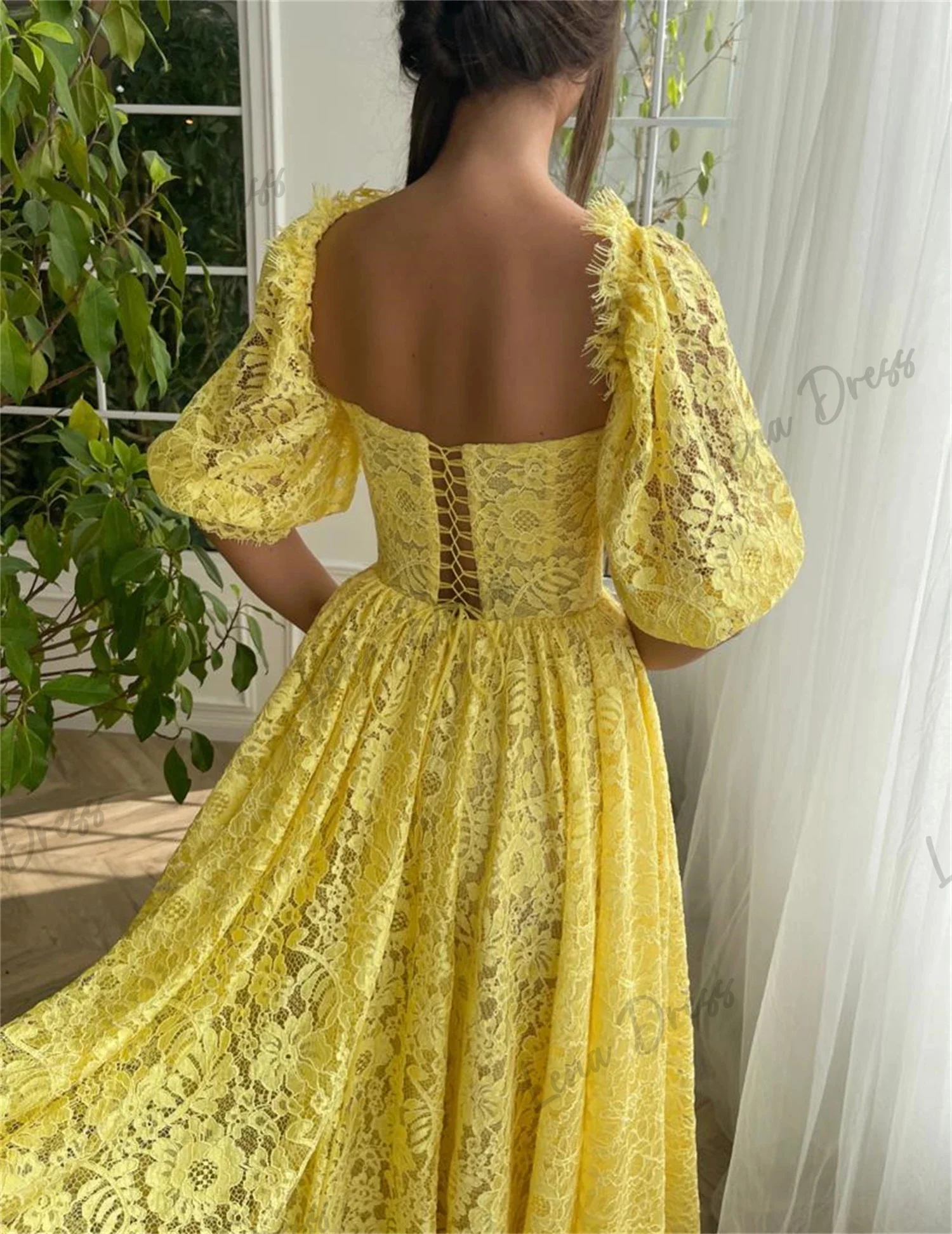 Lena Square Collar Women\'s Elegant Dresses for Parties 2024 Line A Evening Gown Lace Graduation Dresses Woman Yellow Ball Gowns