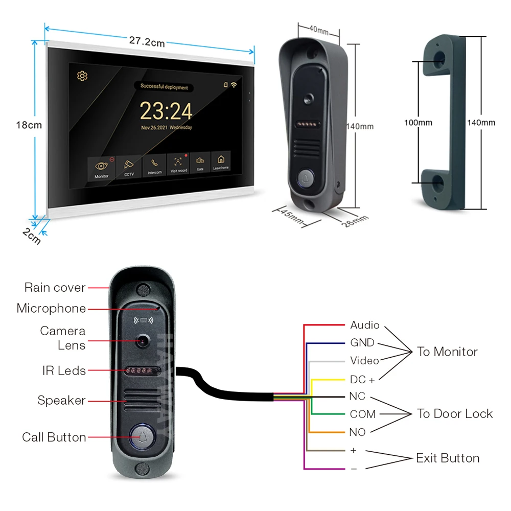 Tuya Wireless 10 inch color touch screen 1080P camera doorbell intercom kit, with mobile detection, ID access control unlocking,